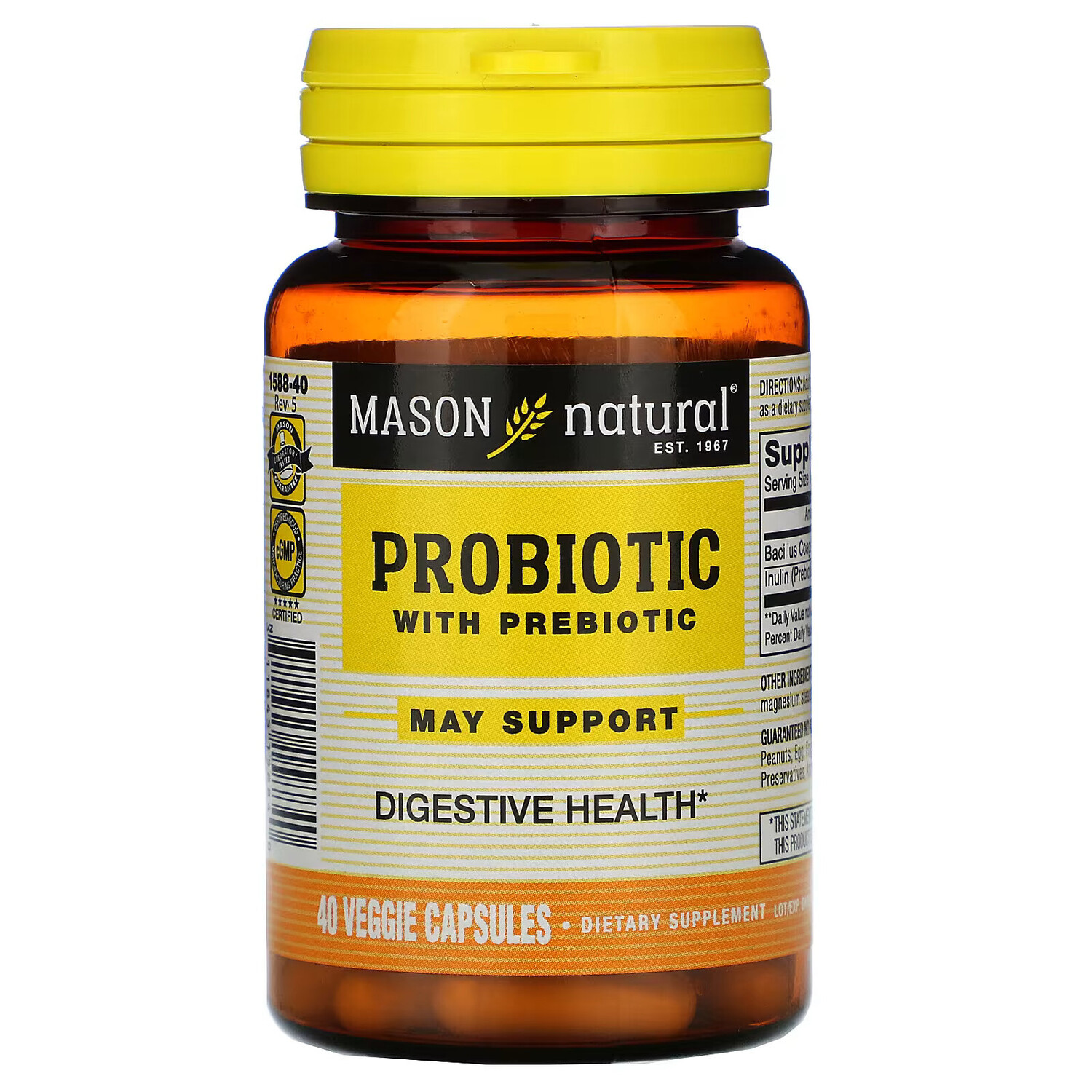 

Mason Natural, Пробиотик с пребиотиком, 40 вегетарианских капсул
