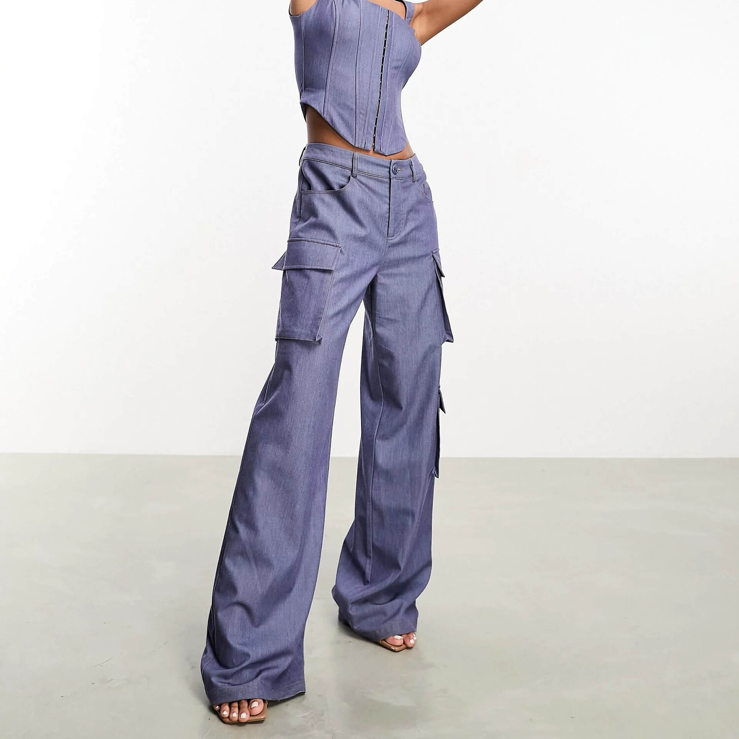 

Брюки Aria Cove Denim Look Wide Leg Pocket Detail Co-ord, серо-голубой, Синий