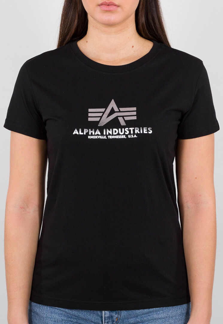 

Футболка Alpha Industries New Basic Foil Print женская, черно-серебристая