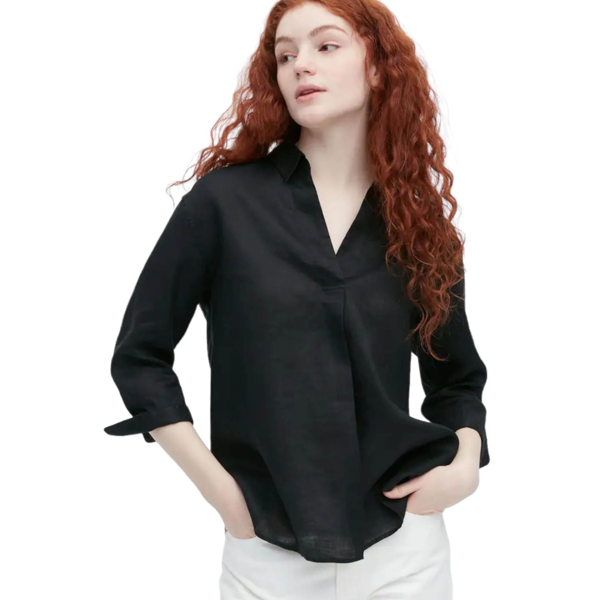 Рубашка Uniqlo Premium Linen Skipper Collar 3/4 Sleeved, черный блузка uniqlo viscose skipper collar 3 4 sleeve белый