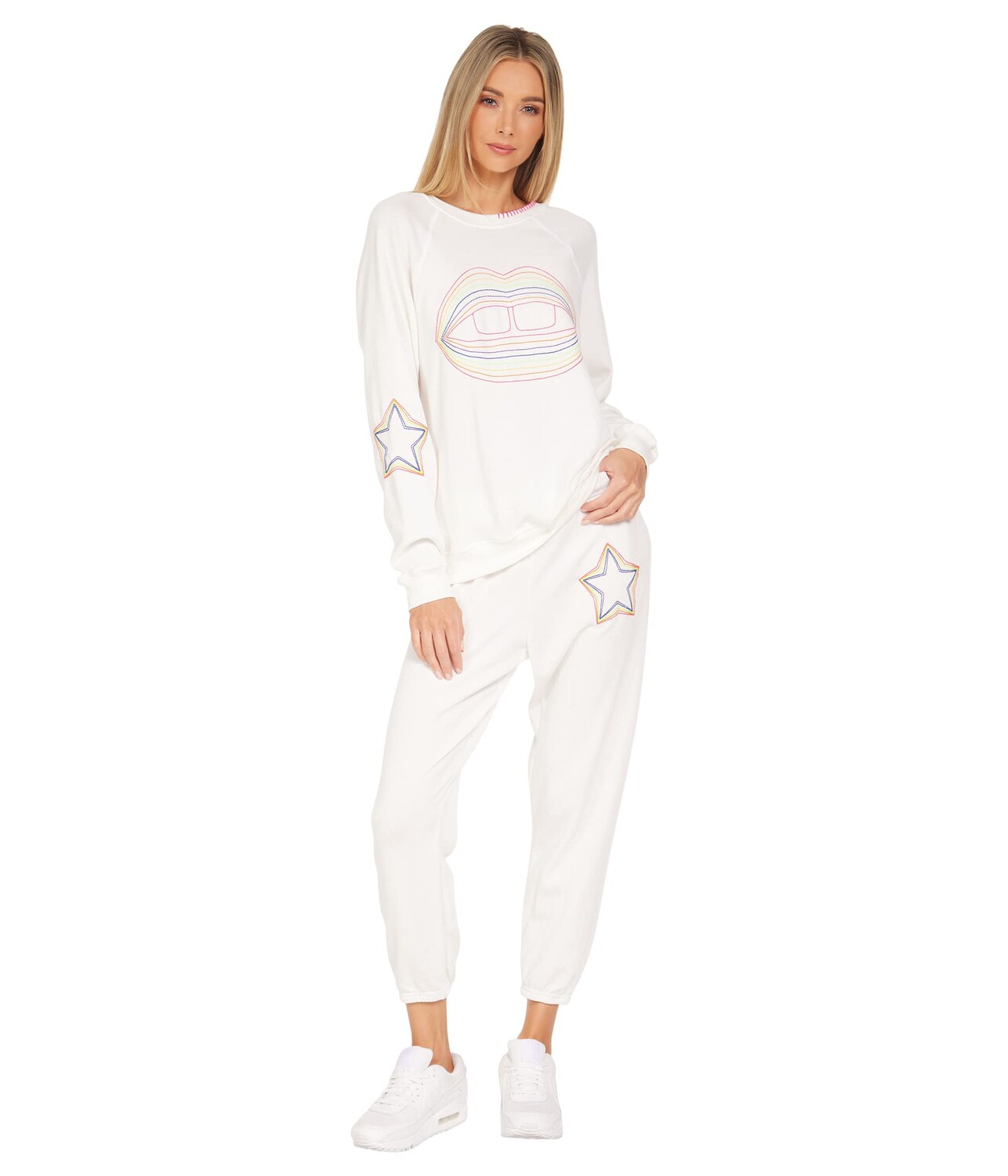 

Свитшот Lauren Moshi, Anela Rainbow Lip Outline Embroidered Crew Neck Raglan Sweatshirt, Белый