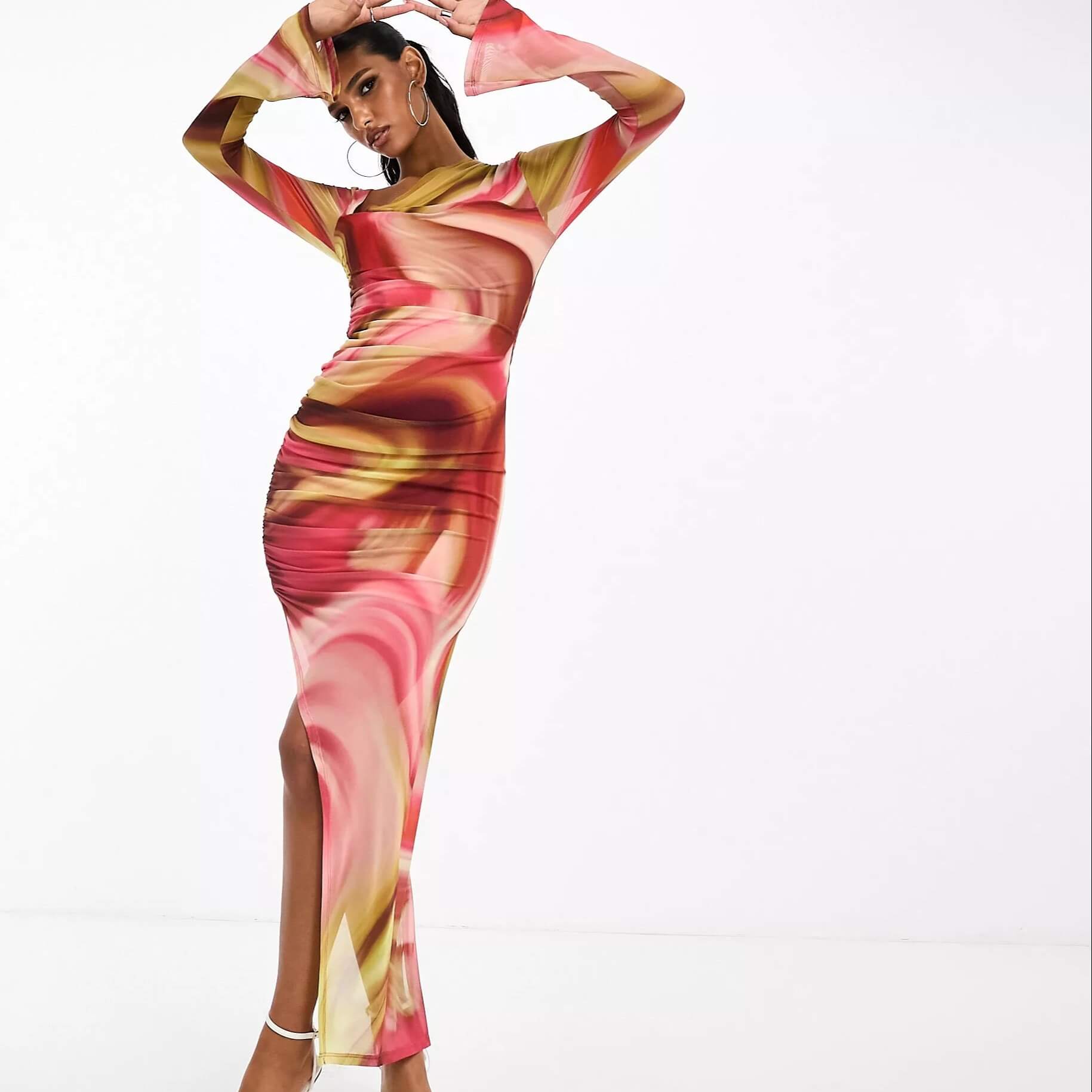Платье Asos Design Mesh Asymmetric Cut Out Midi, красный мультиколор