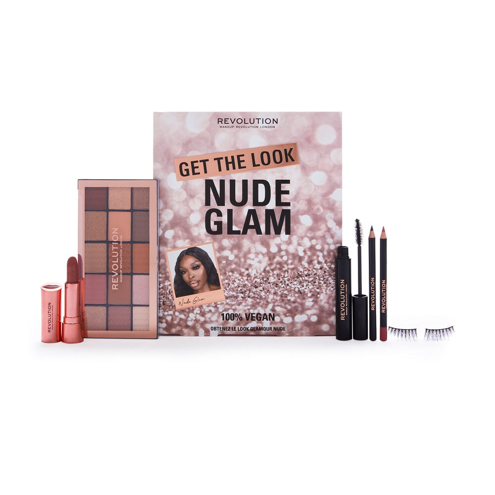 

Makeup Revolution Get The Look: Набор для макияжа Nude Glam Khol Eyeliner Black 1,15 г + Reloaded Palette Understated 15x1,1 г + Satin Kiss Lipstick Chauffeur 3,5 г + Satin Kiss Lip Liner Chauffeur 1,15 г + Тушь для ресниц Black 8 г + Flutter Lashes