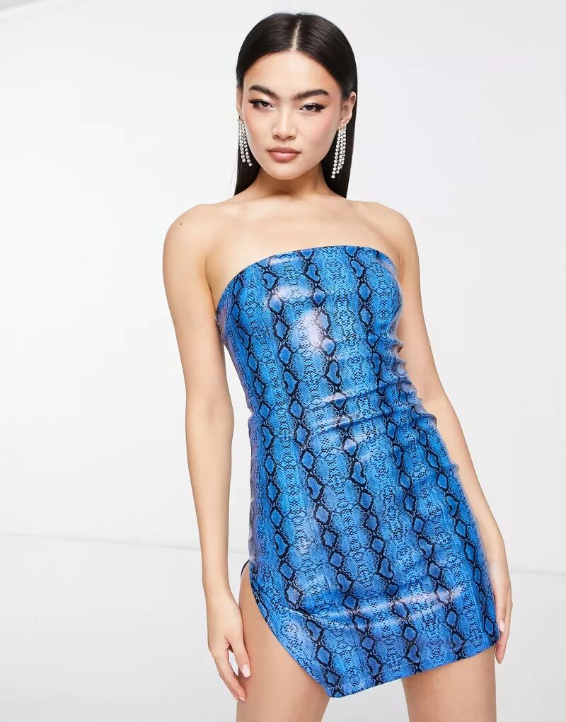 Синее платье мини без бретелек с разрезом по бокам Missy Empire со змеиным принтом Missyempire