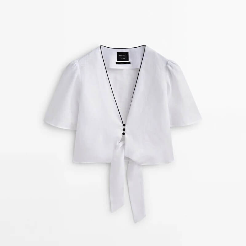 

Блуза Massimo Dutti Linen With Knot And Contrast Detail - Studio, белый