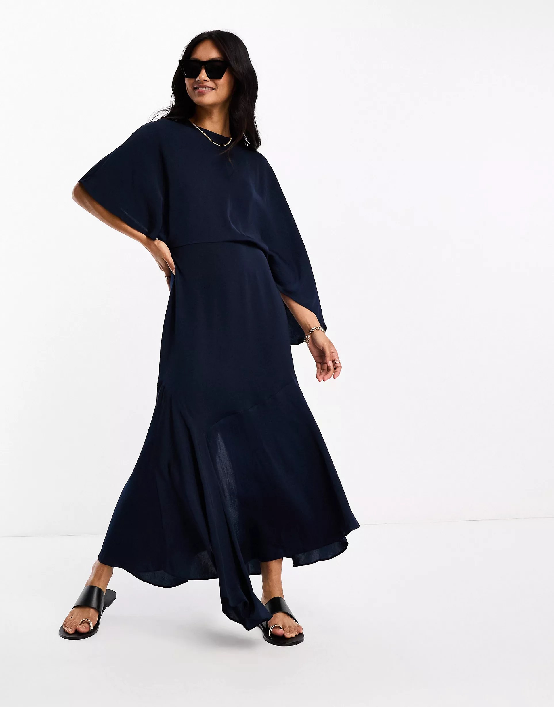 Платье миди Asos Design Satin Flutter Sleeve Asymmetric Hem, темно-синий