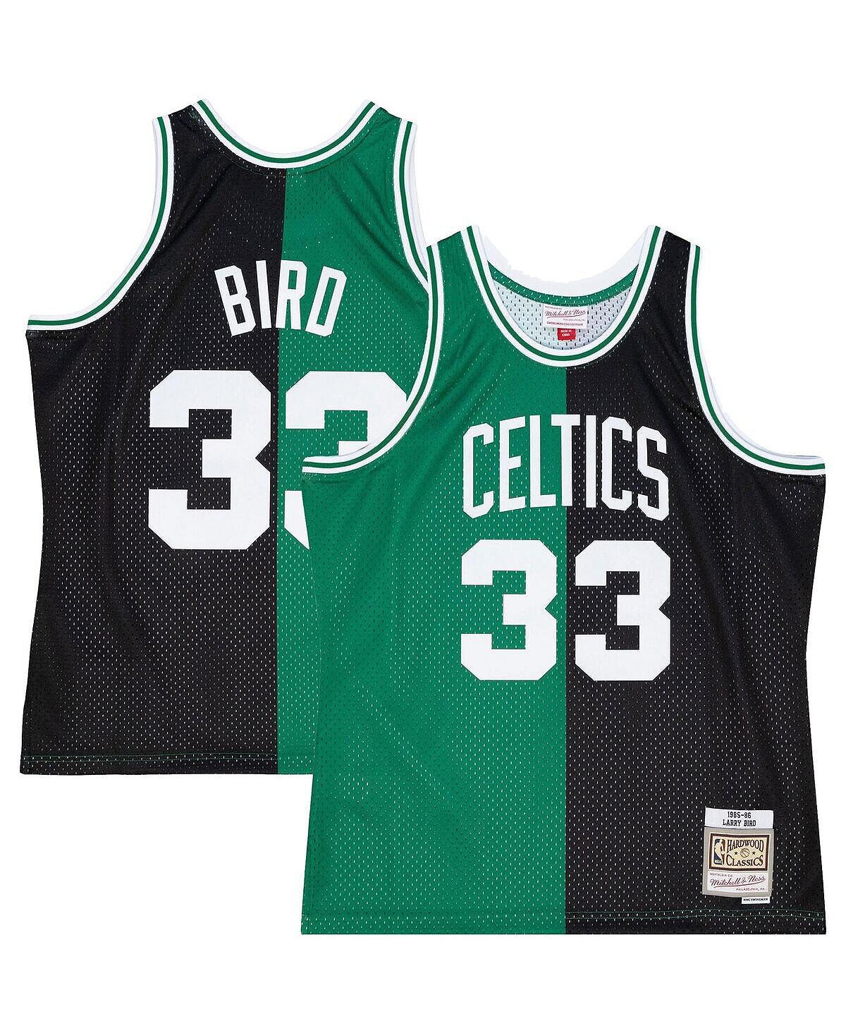 

Мужская футболка larry bird kelly green, black boston celtics big and tall hardwood classics 1985-86 split swingman jersey Mitchell & Ness, мульти