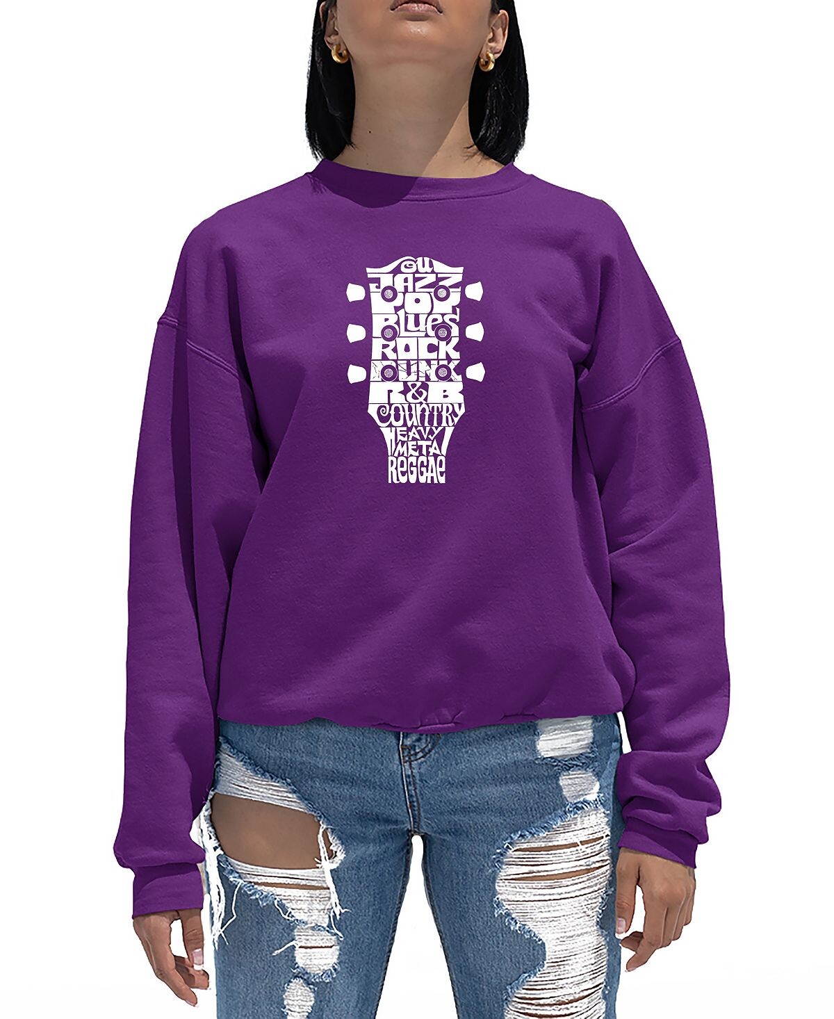 

Женская футболка с круглым вырезом word art guitar head music genres sweatshirt top LA Pop Art, фиолетовый
