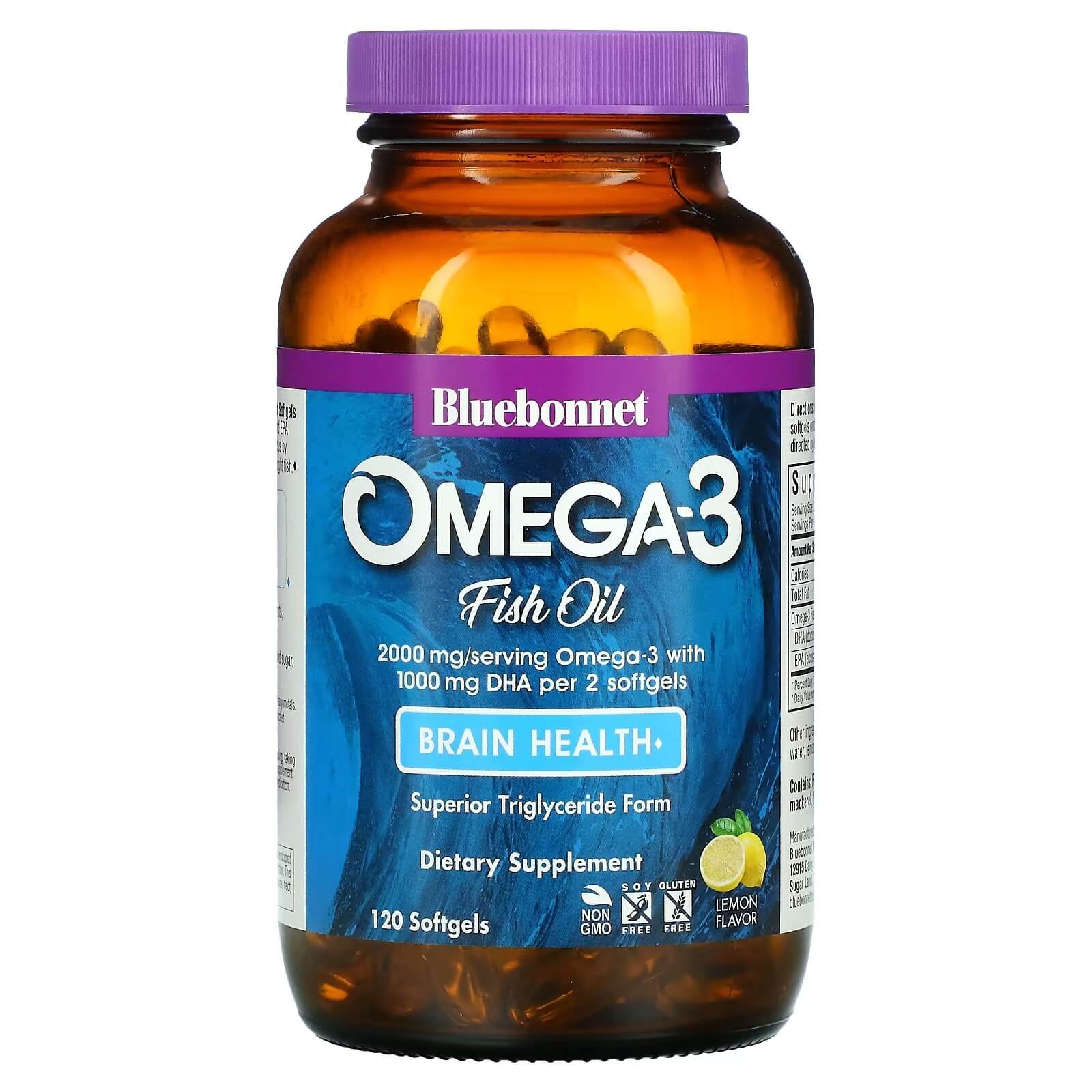 Омега-3 для здоровья мозга Bluebonnet Nutrition лимонный вкус, 120 капсул