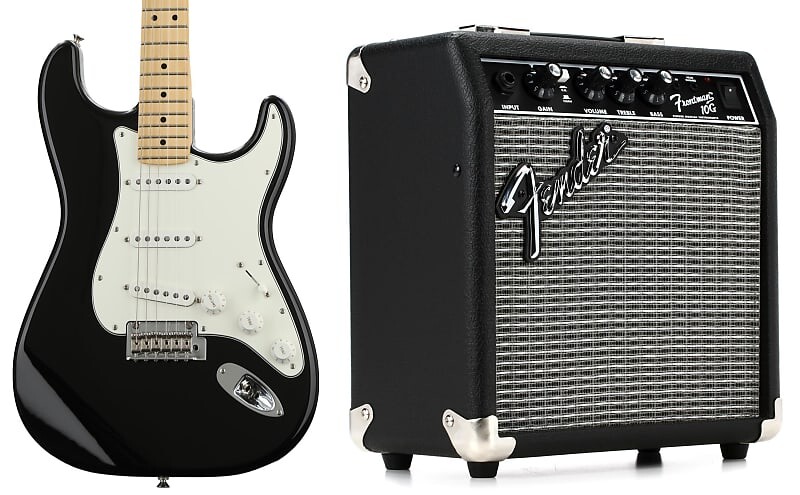 

Fender Player Stratocaster — черный с кленовой накладкой на гриф в комплекте с Fender Frontman 10G 1x6″ 10-ваттный комбоусилитель 2311000000=1 0144502506=1