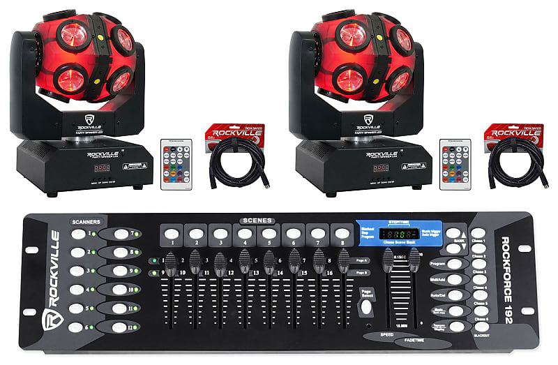 (2) Rockville Party Spinner LED RGBW Moving Head DJ Lights+DMX Controller+Cables (2) PARTY SPINNER LED+ROCKFORCE+RDX3M25