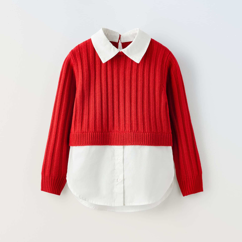 цена Комбинированная рубашка Zara Contrast Knit Poplin, красный/белый