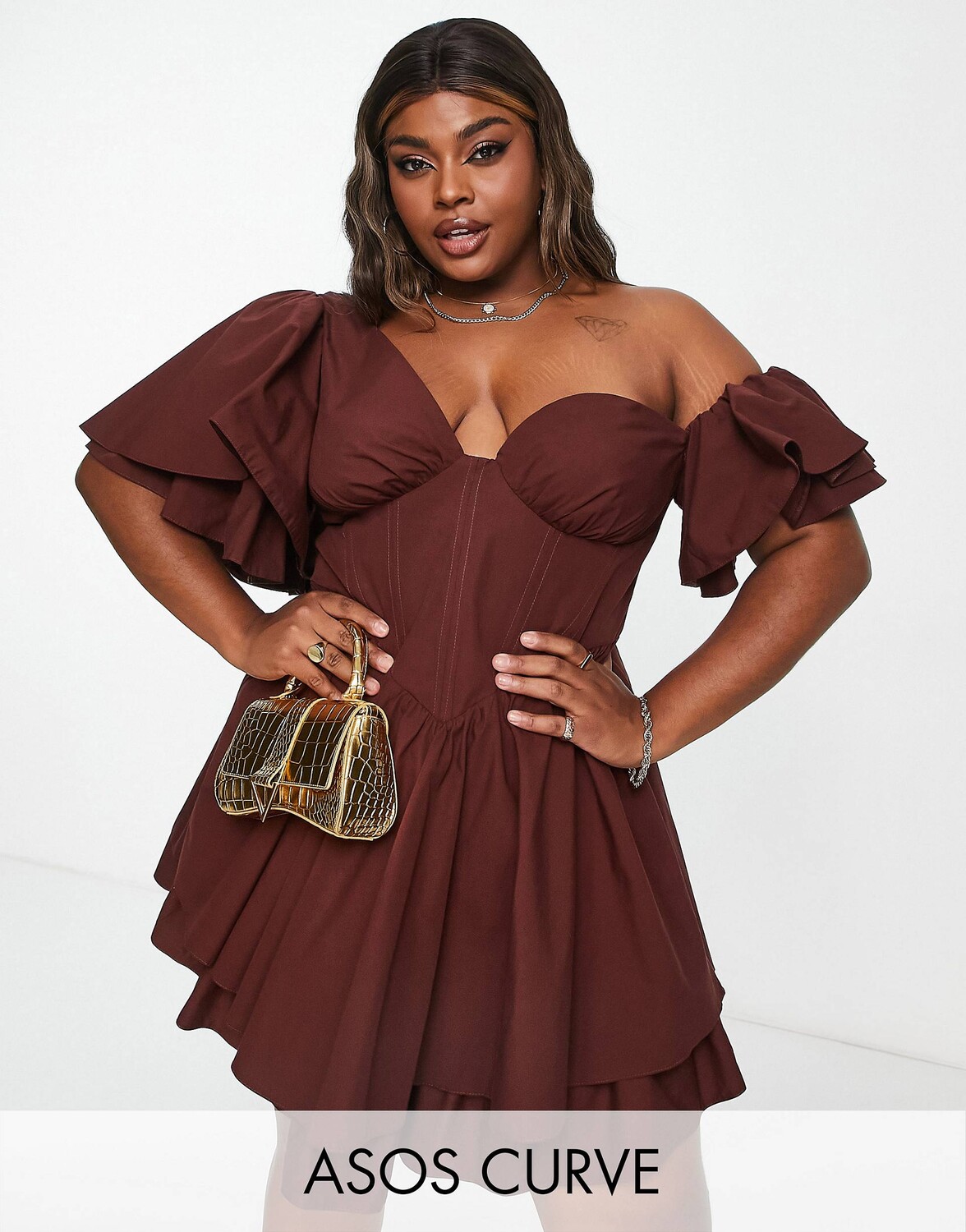 

Кирпично-коричневое хлопковое платье на одно плечо с корсетом и оборками ASOS LUXE Curve, Коричневый