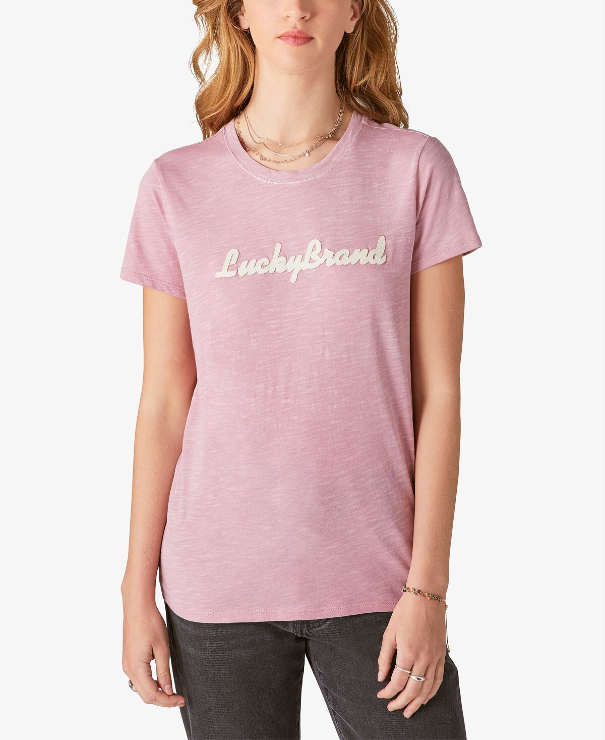 

Хлопковая классическая футболка с круглым вырезом и аппликацией Lucky Brand