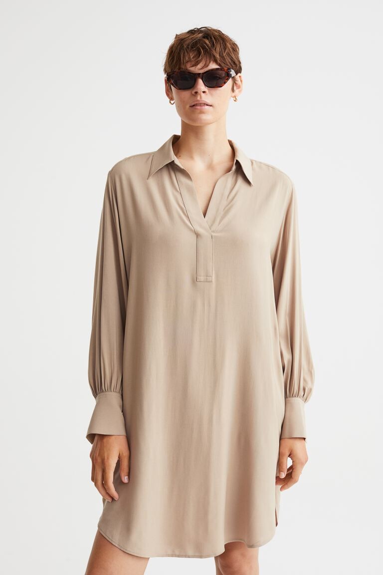 

Платье-рубашка с объемными рукавами H&M, бежевый