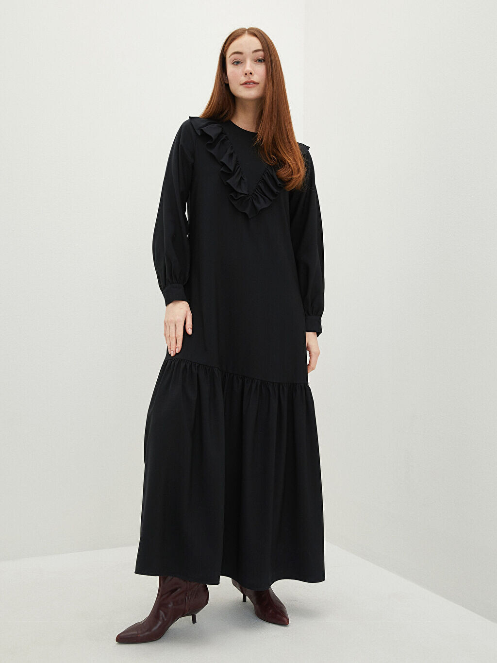 

Женское платье с круглым вырезом и оборками с длинным рукавом LCW Modest