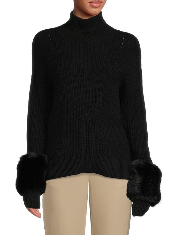 

Свитер с заниженной линией плеч с отделкой из искусственного меха Saks Fifth Avenue Black