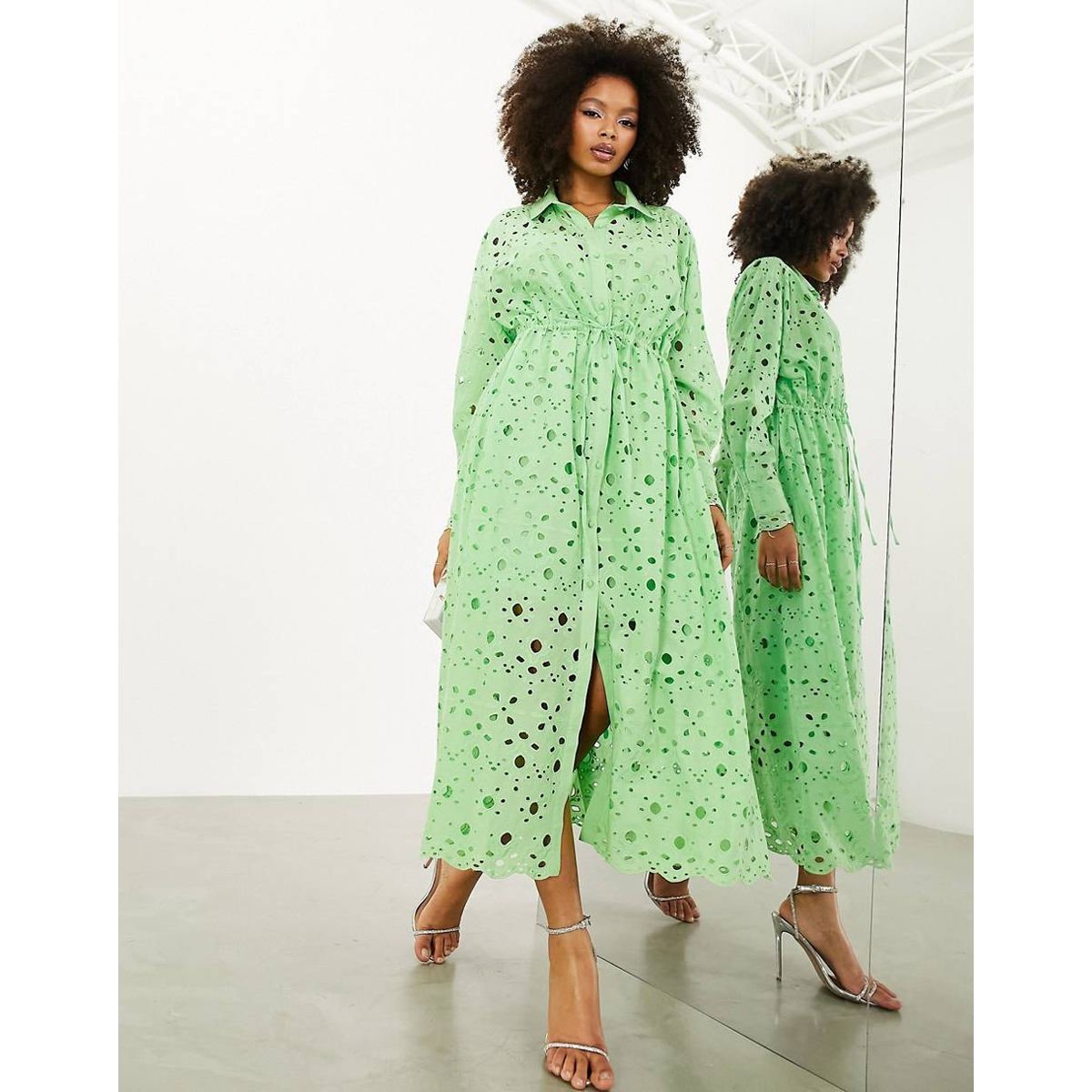Платье Asos Edition Broderie Drawstring Long Sleeve, зеленый цена и фото