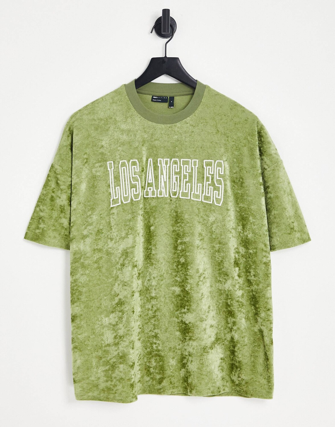 

Оверсайз-футболка из велюра цвета хаки с принтом города Лос-Анджелес ASOS DESIGN