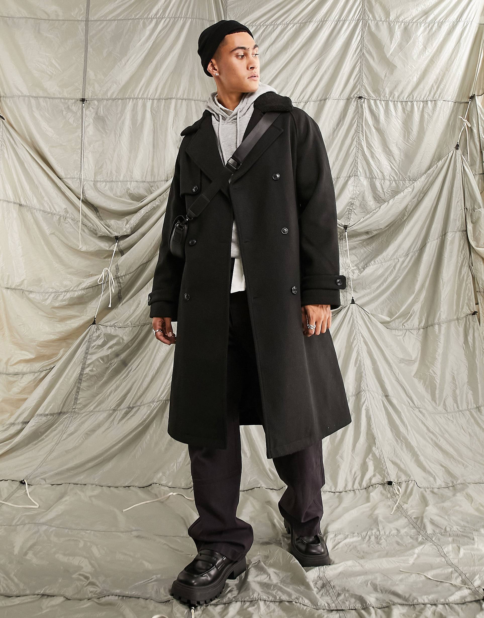 Черное объемное пальто из смесовой шерсти с воротником из искусственного меха ASOS DESIGN