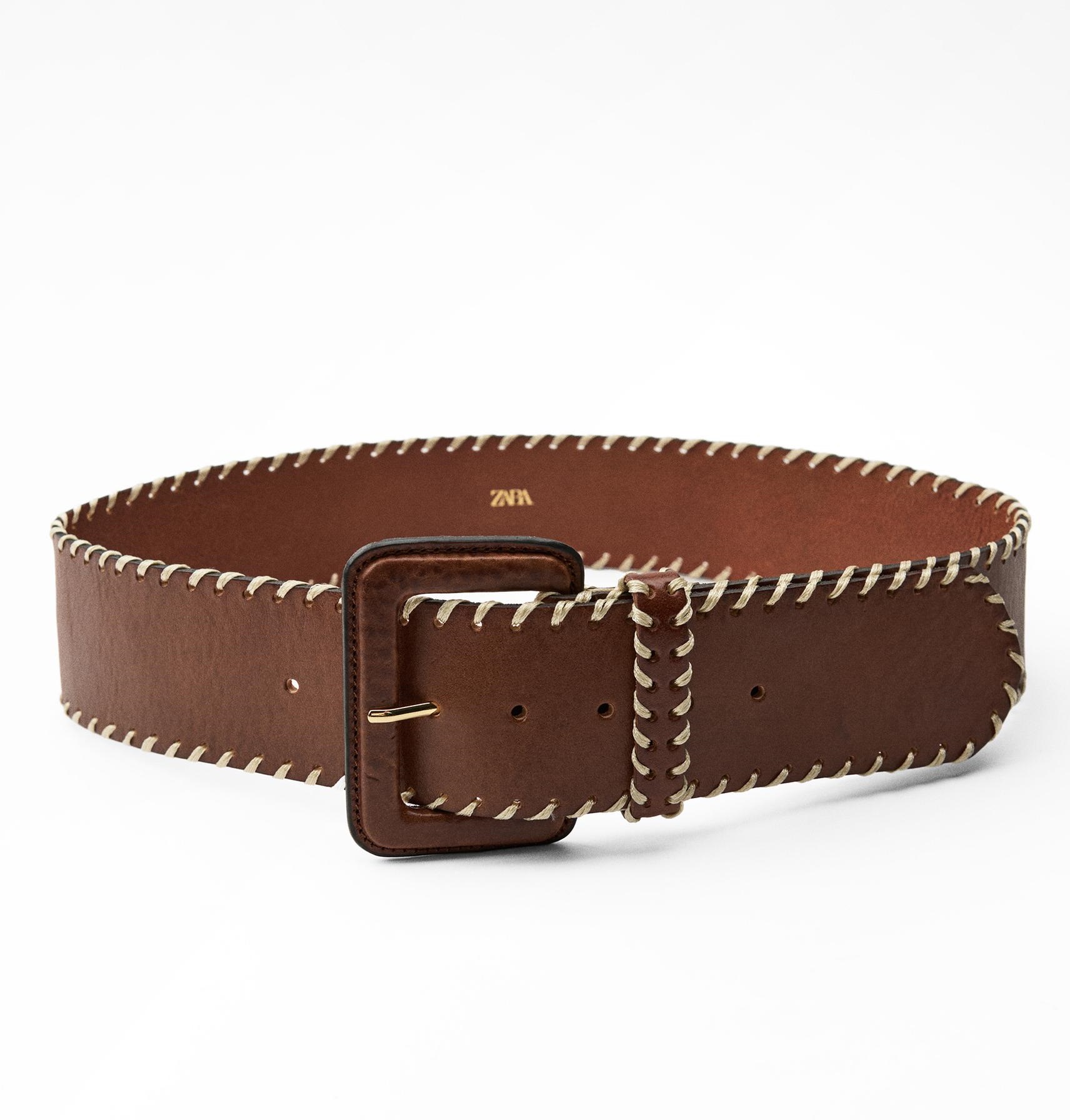 Ремень Zara Topstitched Leather, коричневый