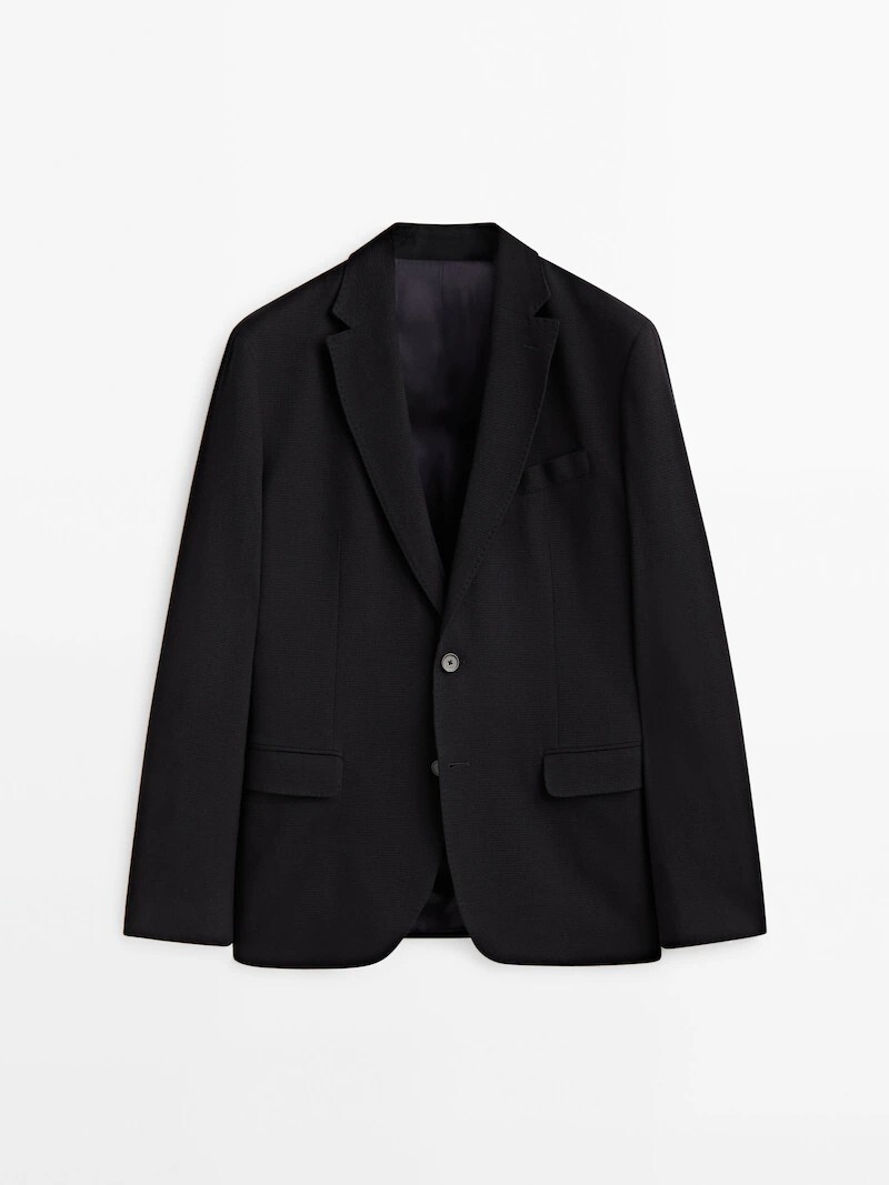 

Фактурный блейзер из смеси хлопка и шерсти Massimo Dutti, темно-синий