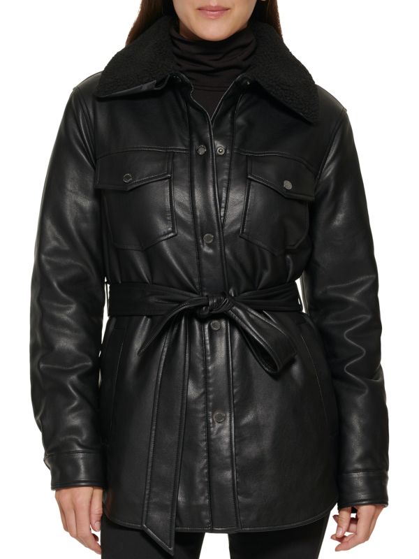 Куртка-рубашка из искусственной кожи и искусственной шерпы с поясом Kenneth Cole Black цена и фото