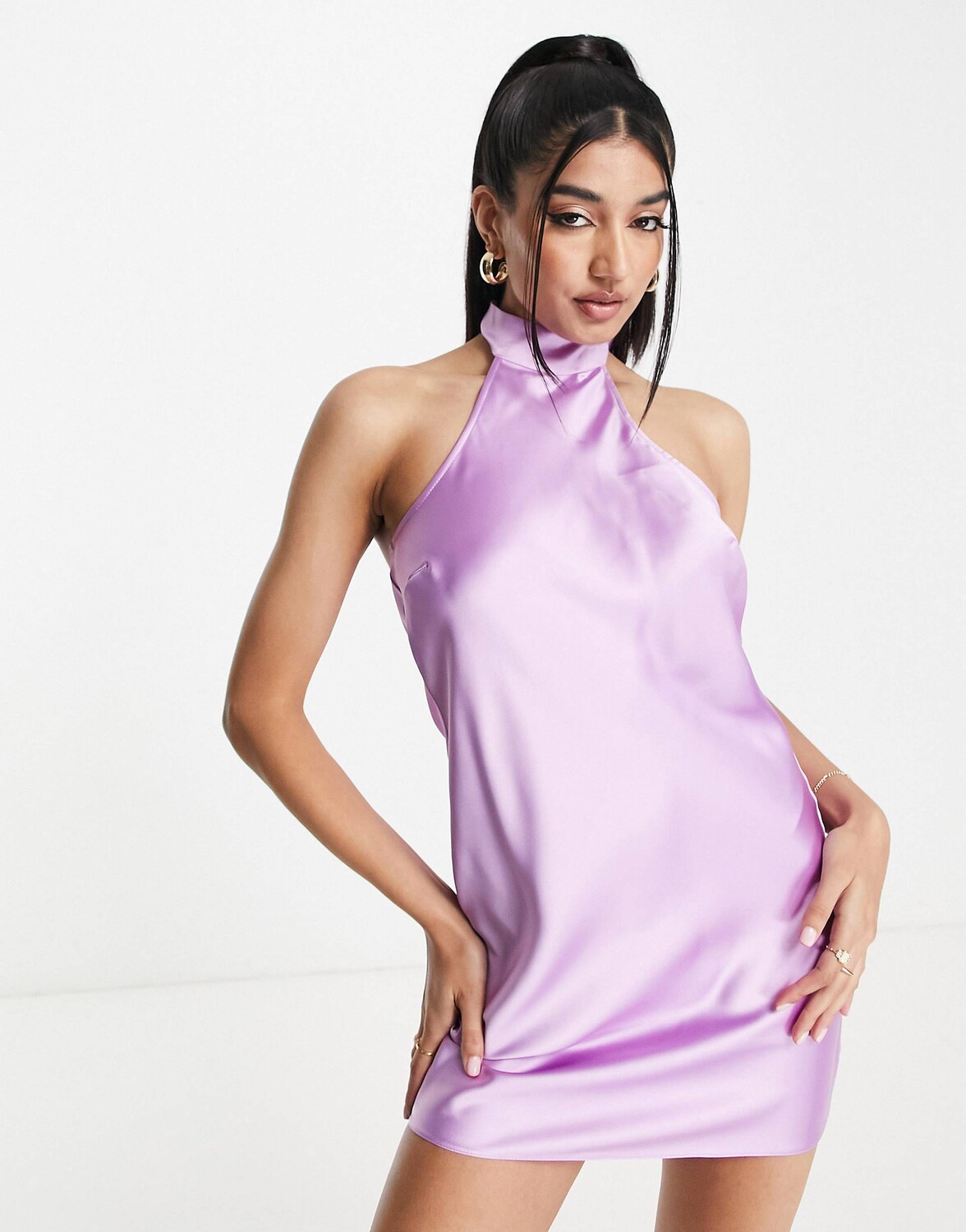 

Сиреневое атласное платье мини с вырезом на шее Miss Selfridge, Фиолетовый