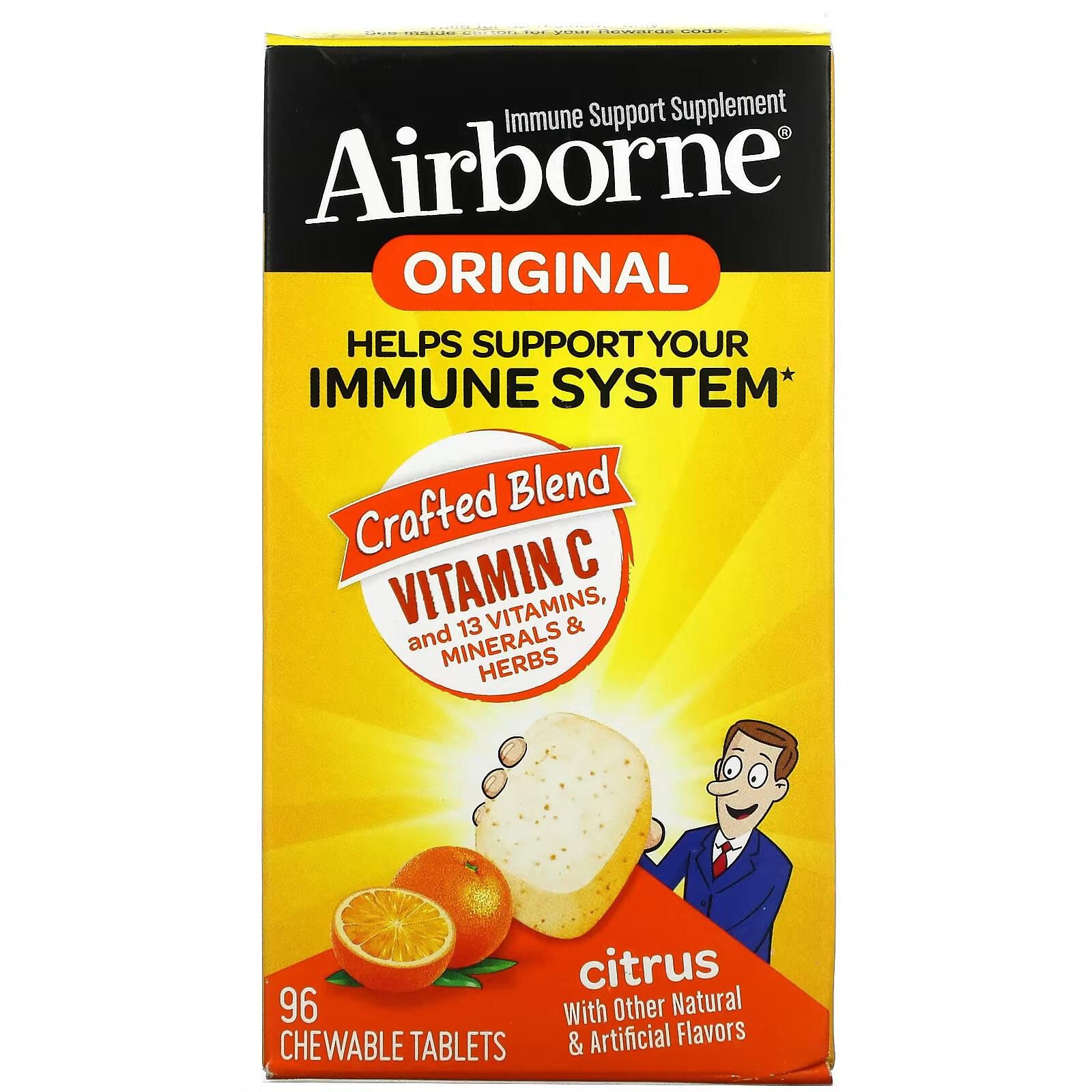 AirBorne, Оригинальная добавка для поддержки иммунитета, цитрус, 96 жевательных таблеток airborne оригинальная добавка для поддержки иммунитета пикантный апельсин 63 жевательные таблетки