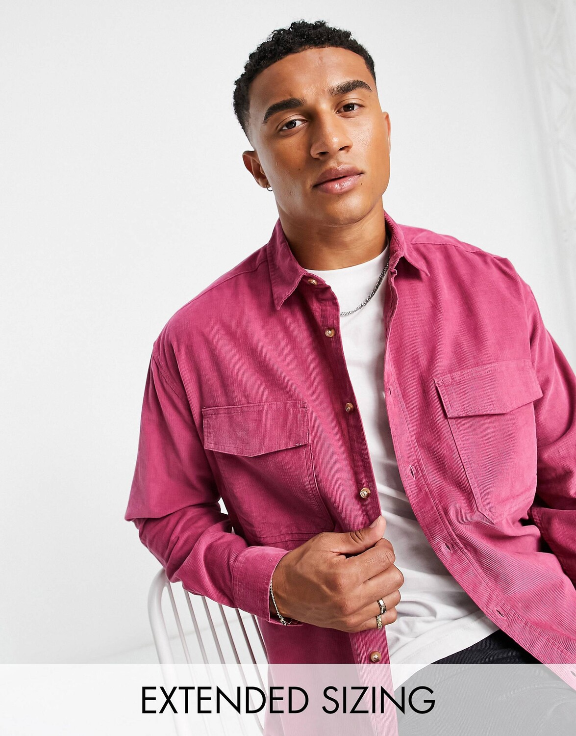 

Розовая вельветовая рубашка оверсайз с двойными карманами ASOS DESIGN