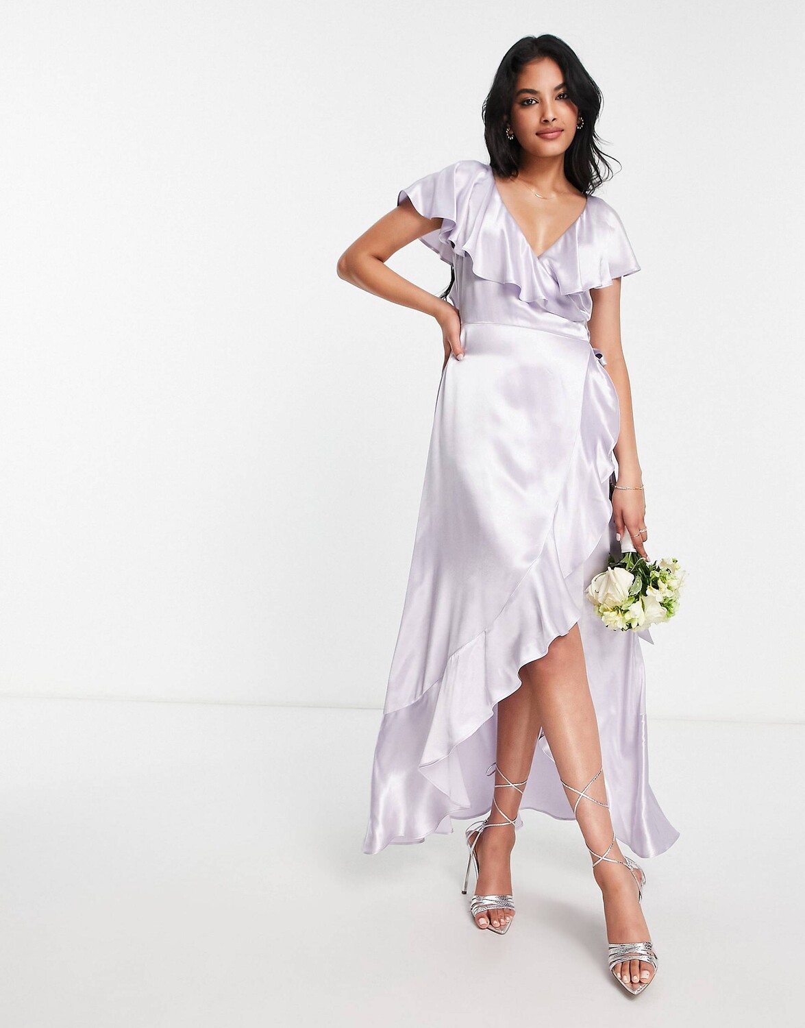 

Сиреневое атласное платье с запахом и оборками Topshop bridesmaid, Фиолетовый
