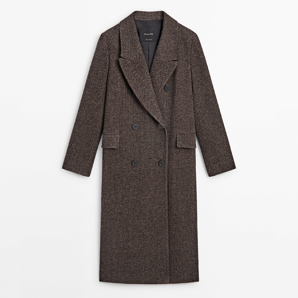 цена Пальто Massimo Dutti Long Double-breasted Wool Blend Herringbone, черный