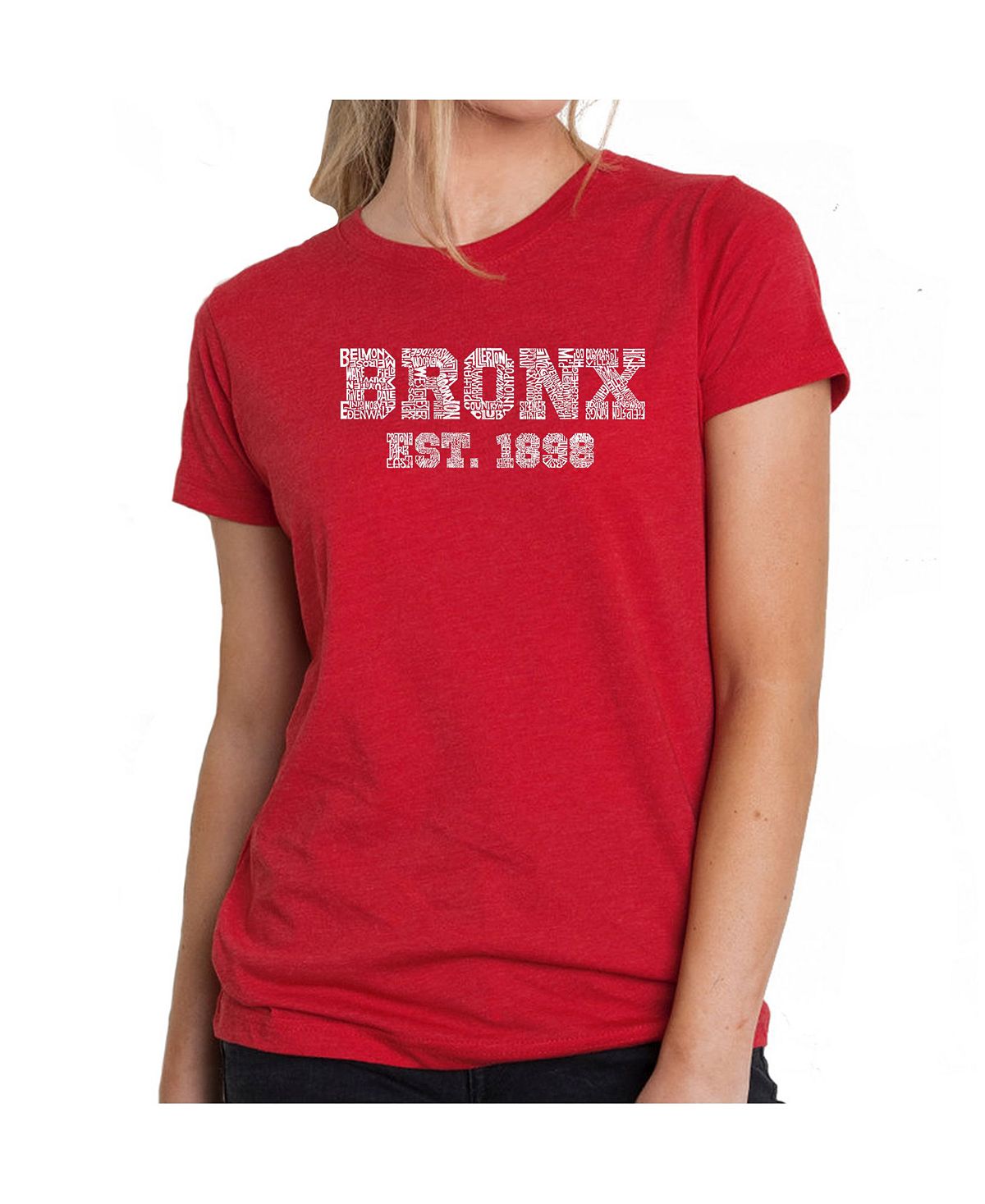 Женская футболка премиум-класса word art - популярные районы бронкса LA Pop Art, красный цена и фото