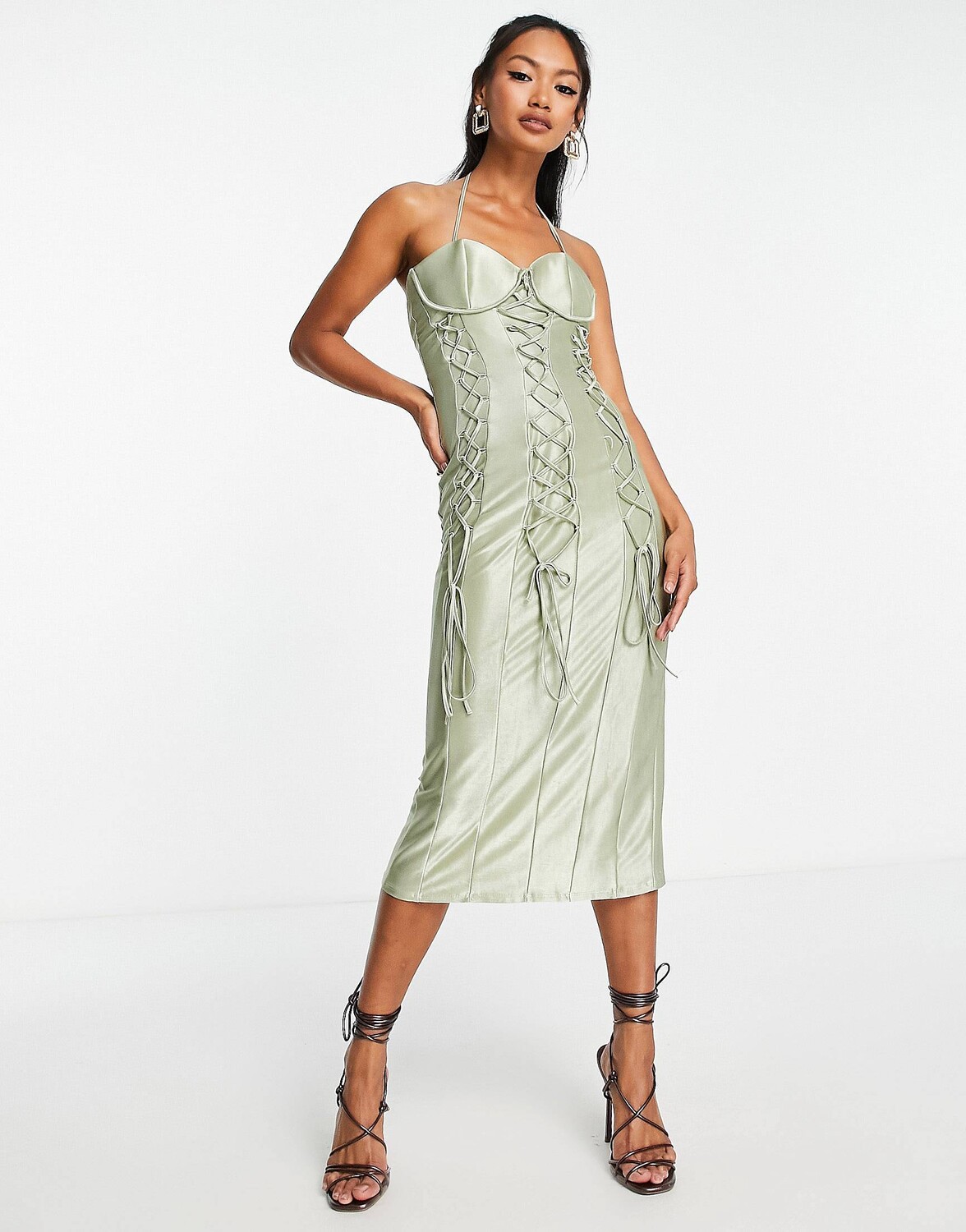 

Атласное платье миди с тройной шнуровкой ASOS DESIGN