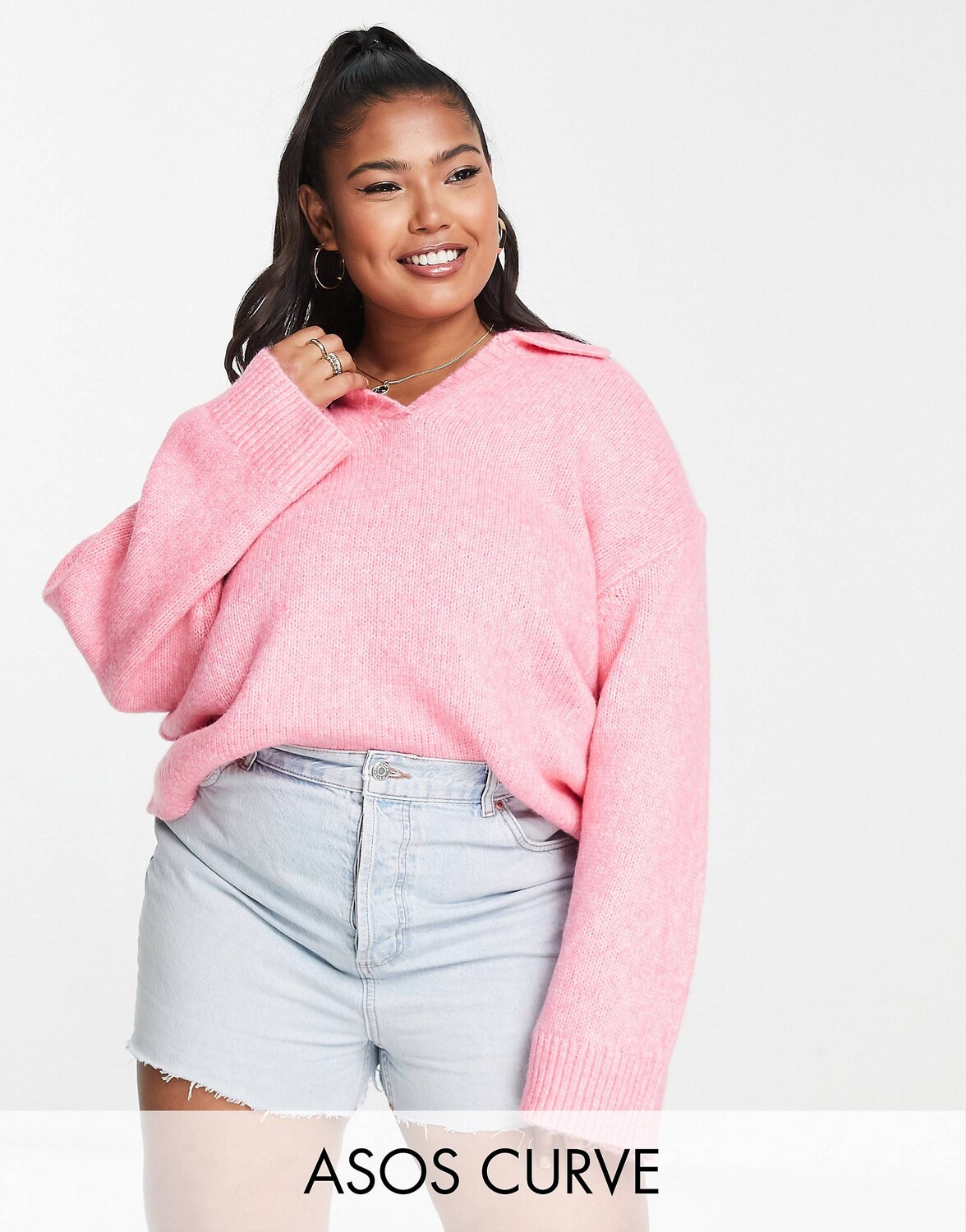 

Розовый массивный джемпер с открытым воротником ASOS DESIGN Curve