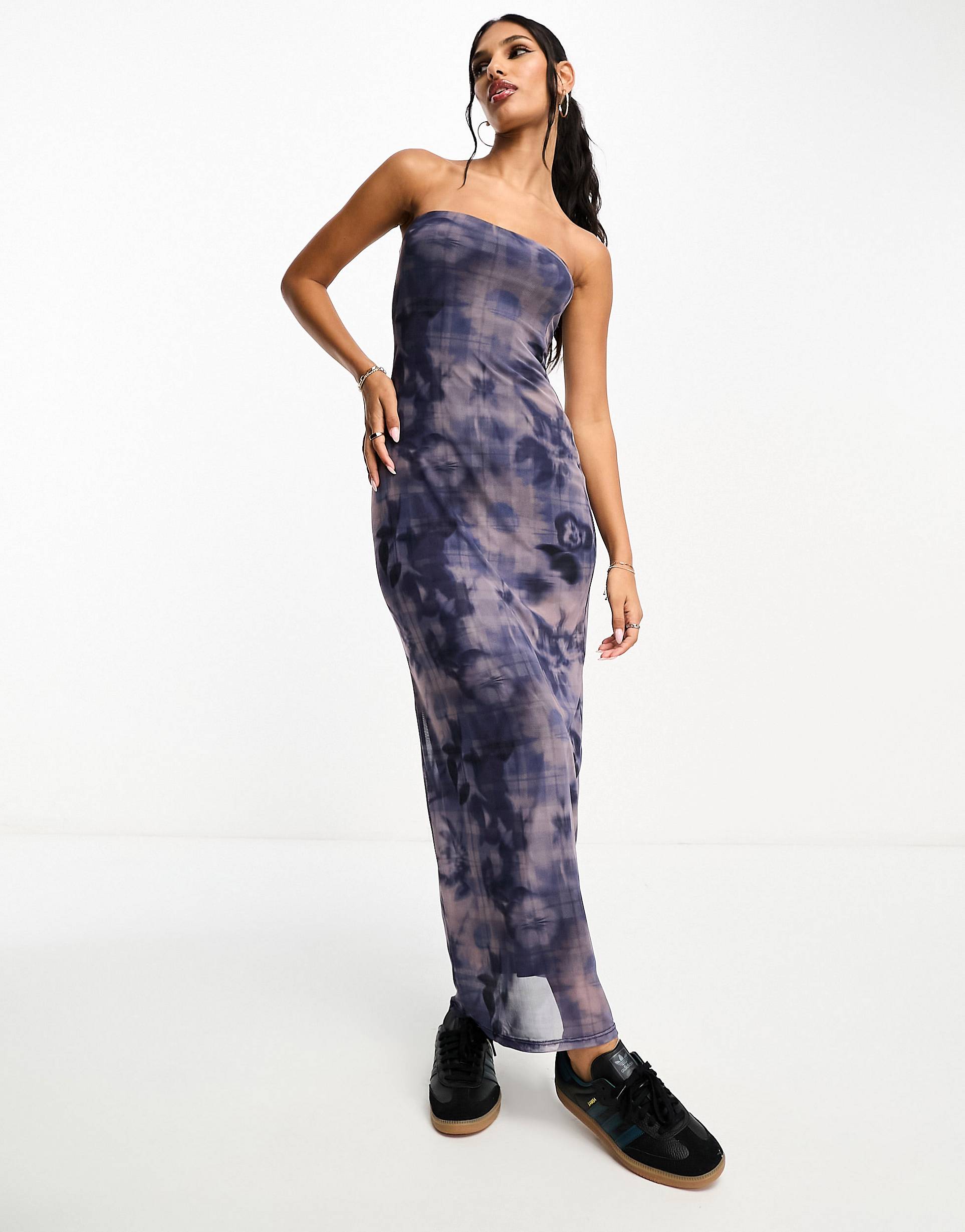 Платье миди Asos Design Bandeau Mesh In Floral Check, фиолетовый