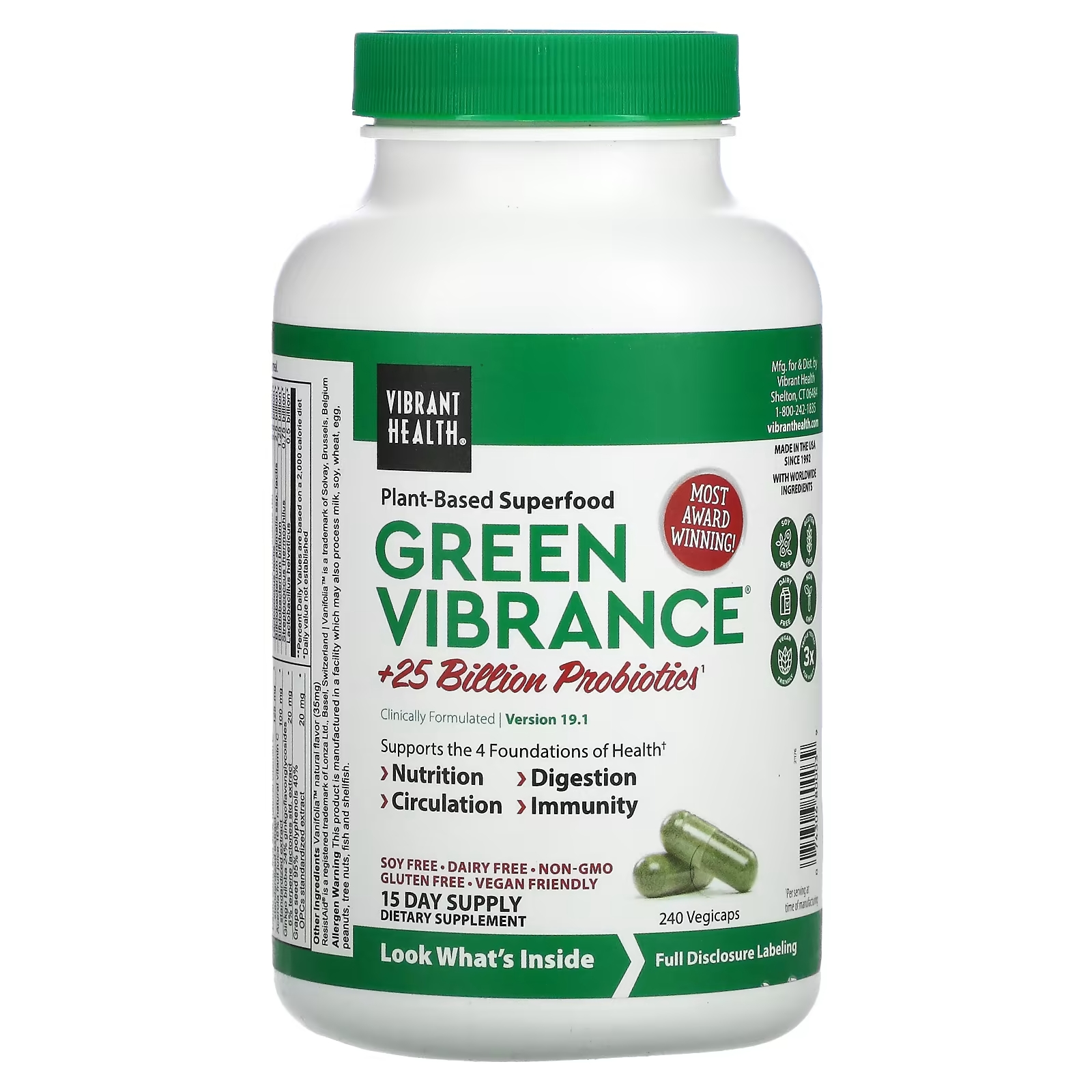 Пищевая Добавка Vibrant Health Green Vibrance, 240 растительных капсул пробиотики vibrant health green vibrance 168 г
