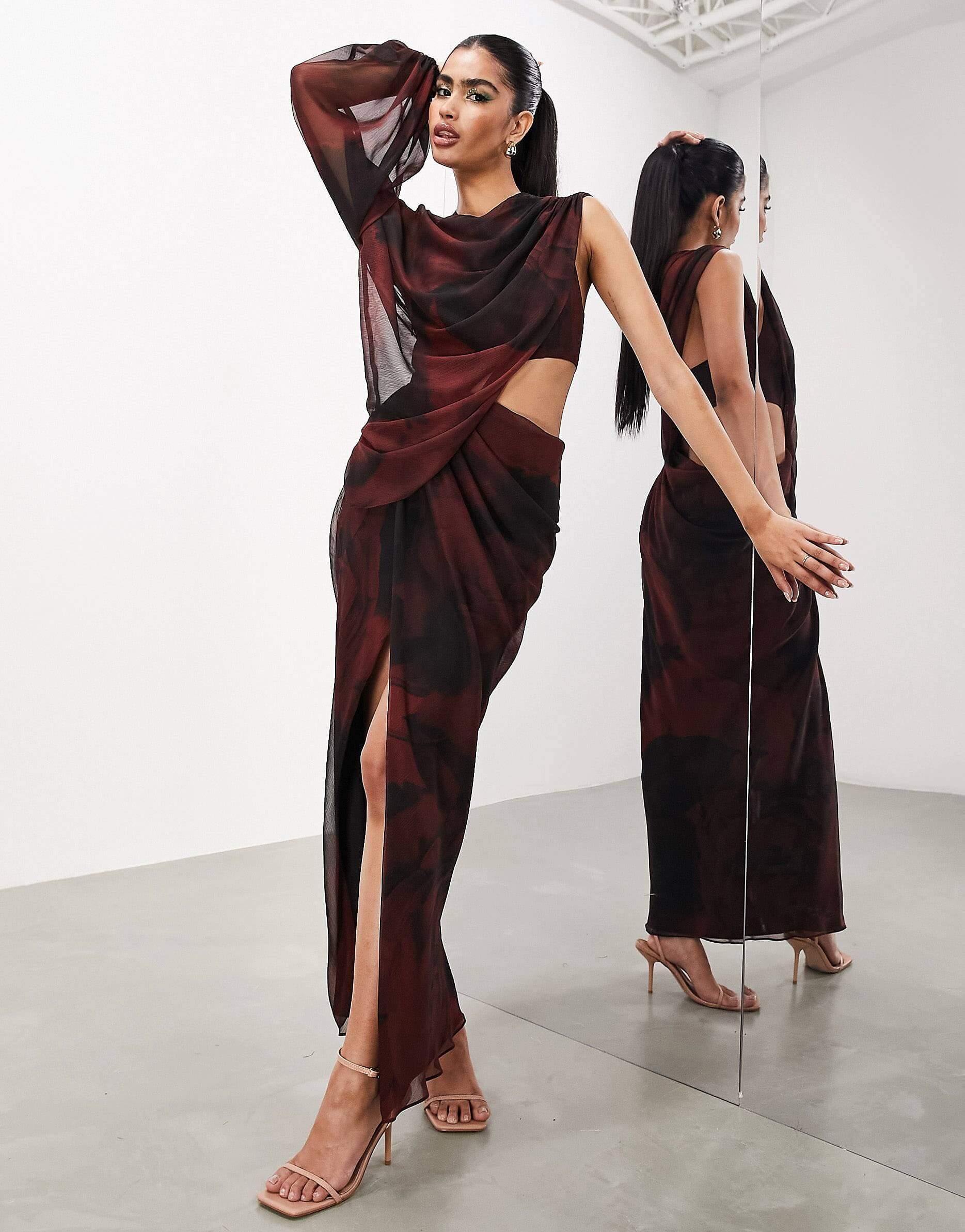Платье-макси Asos Edition Draped One-shoulder Greek Style Blurry Floral Pattern, темно-бордовый женское платье в мусульманском стиле макси платье с длинным рукавом