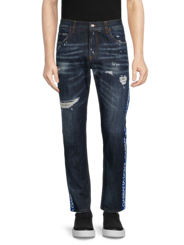 

Рваные джинсы с высокой посадкой и логотипом Dolce&Gabbana, цвет Dark Denim