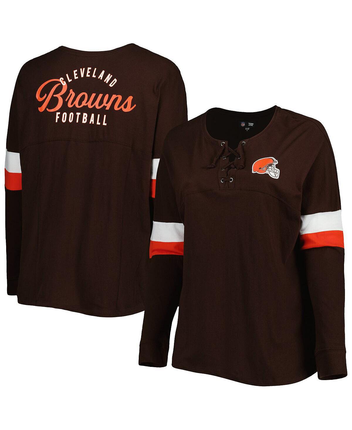 Женская коричневая спортивная университетская футболка размера плюс с v-образным вырезом и длинными рукавами на шнуровке Cleveland Browns New Era, коричневый