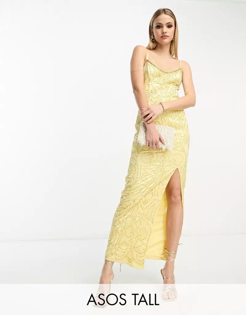

Лимонное платье миди на бретельках с пайетками по швам ASOS DESIGN Tall