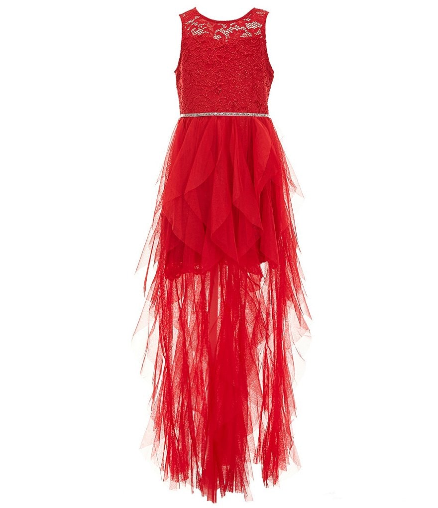 Rare Editions Бальное платье без рукавов с кружевом/сеткой и каскадной юбкой для больших девочек 7–16 лет, красный