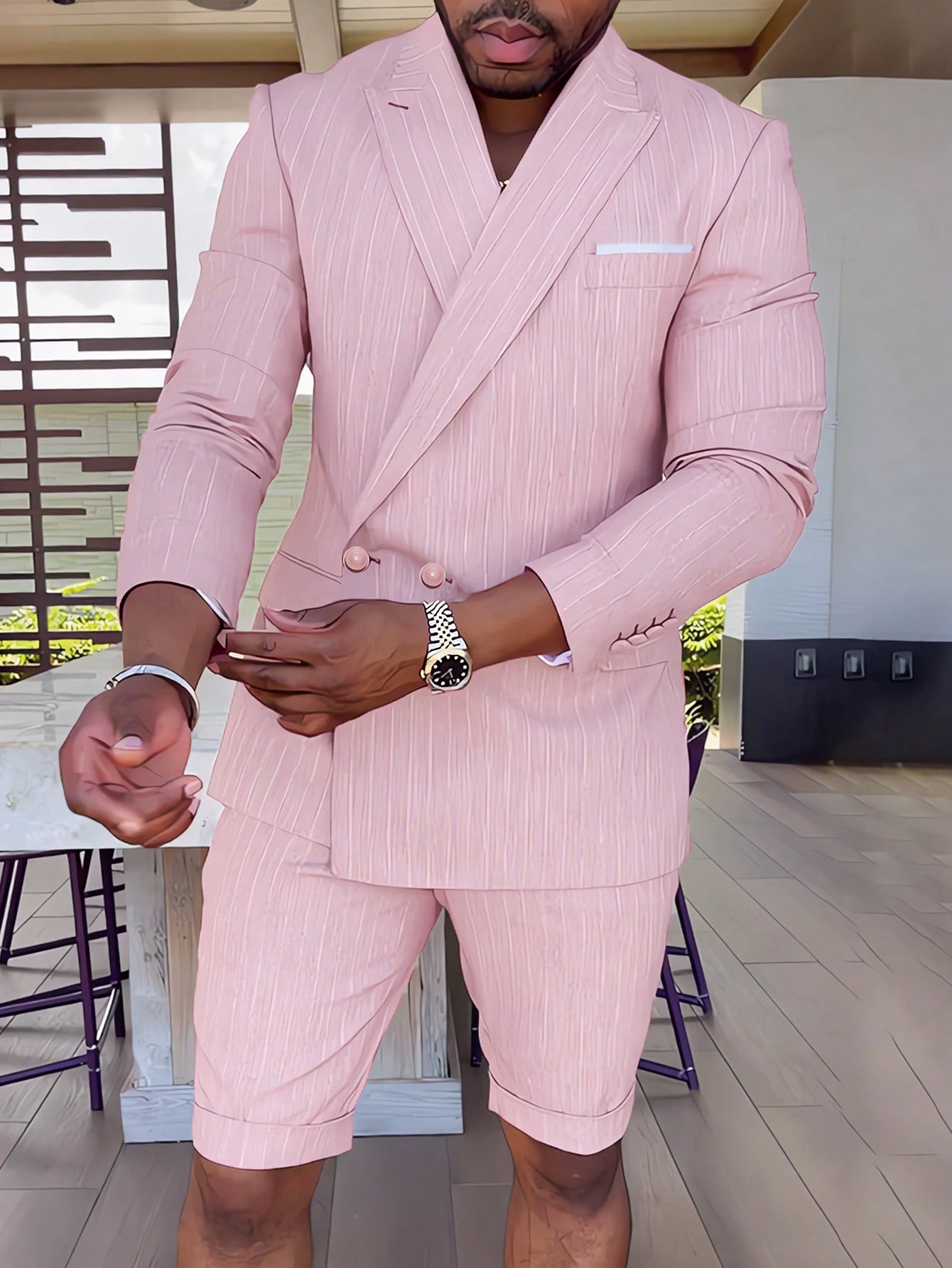 Manfinity AFTRDRK Мужской двубортный костюм в полоску с острыми лацканами, розовый