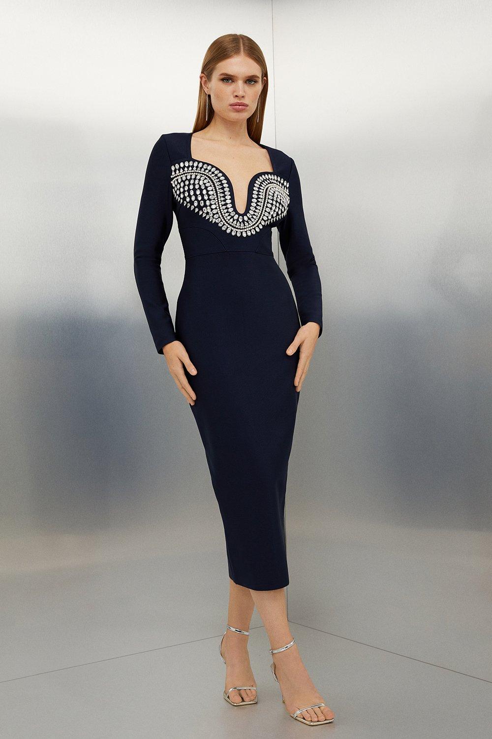 цена Фигурная форма Повязка Украшенное трикотажное платье миди Karen Millen, темно-синий