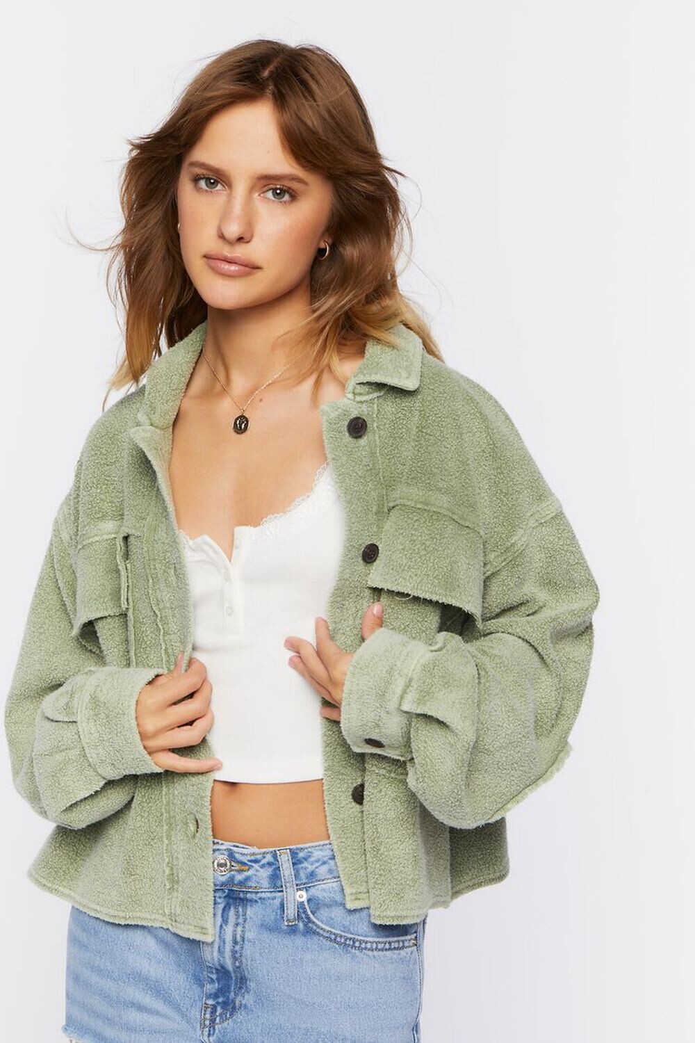 

Укороченная куртка из флиса с обратной стороны Forever 21, оливковый, Зеленый