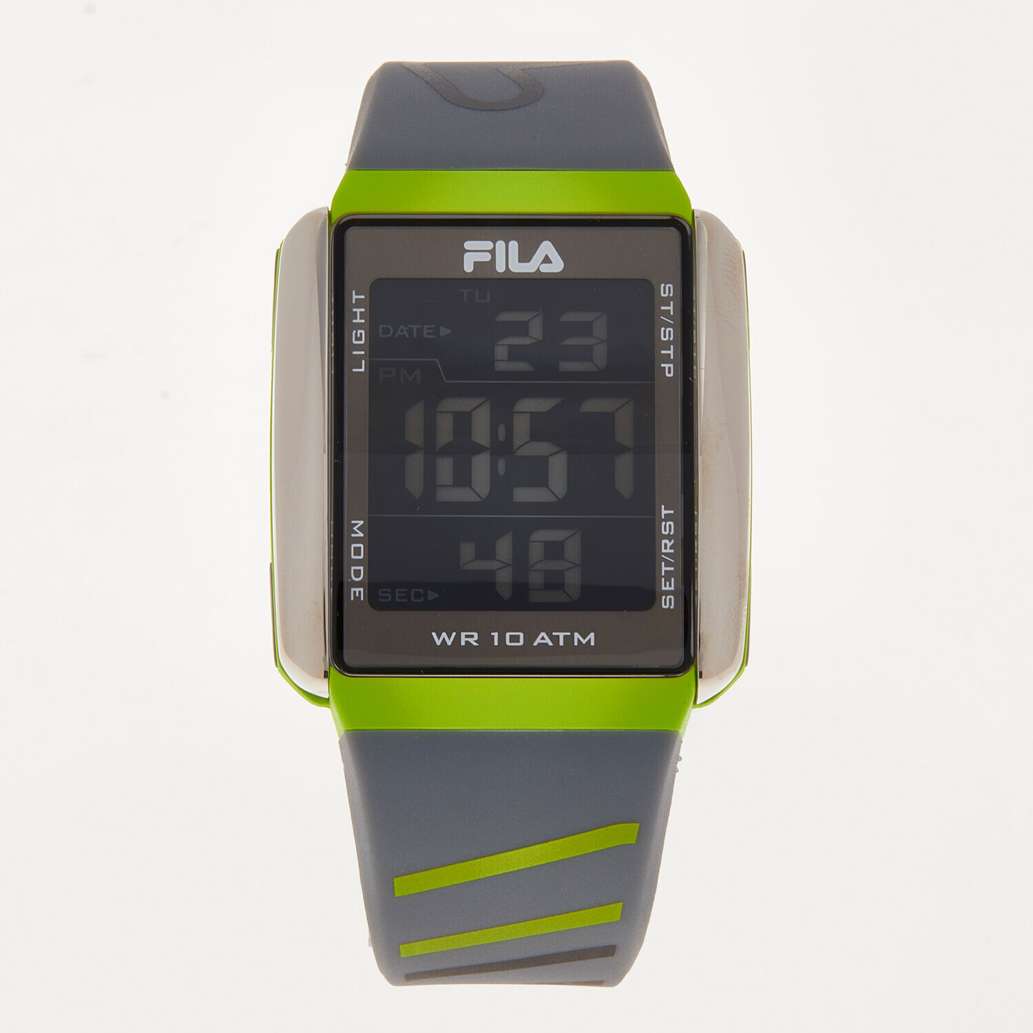 

Серые цифровые часы с неоново-зелеными элементами Fila