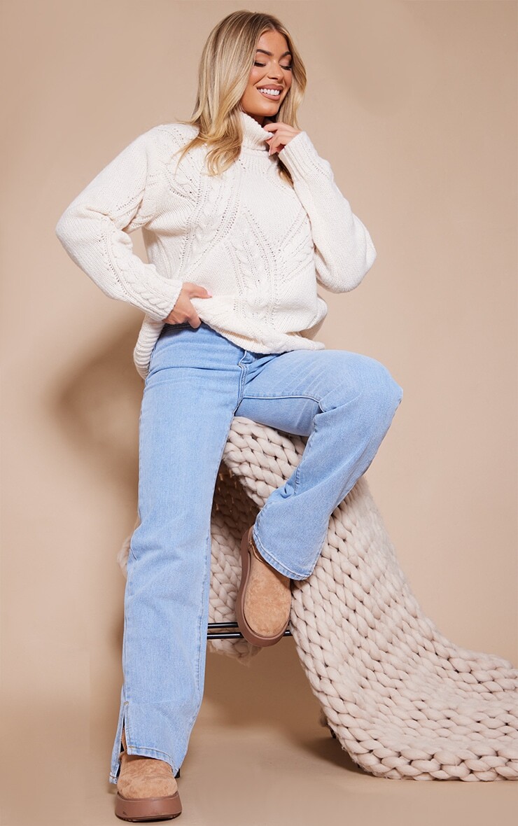 

PrettyLittleThing Кремовый джемпер объемной вязки косой вязки с высоким воротником, Бежевый