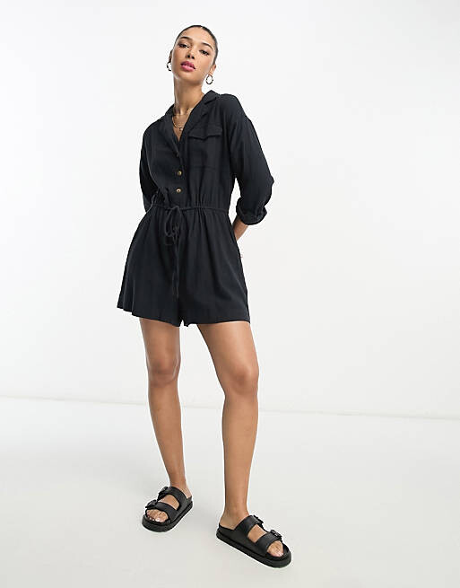 

Черный льняной комбинезон-рубашка с напуском и длинными рукавами ASOS DESIGN