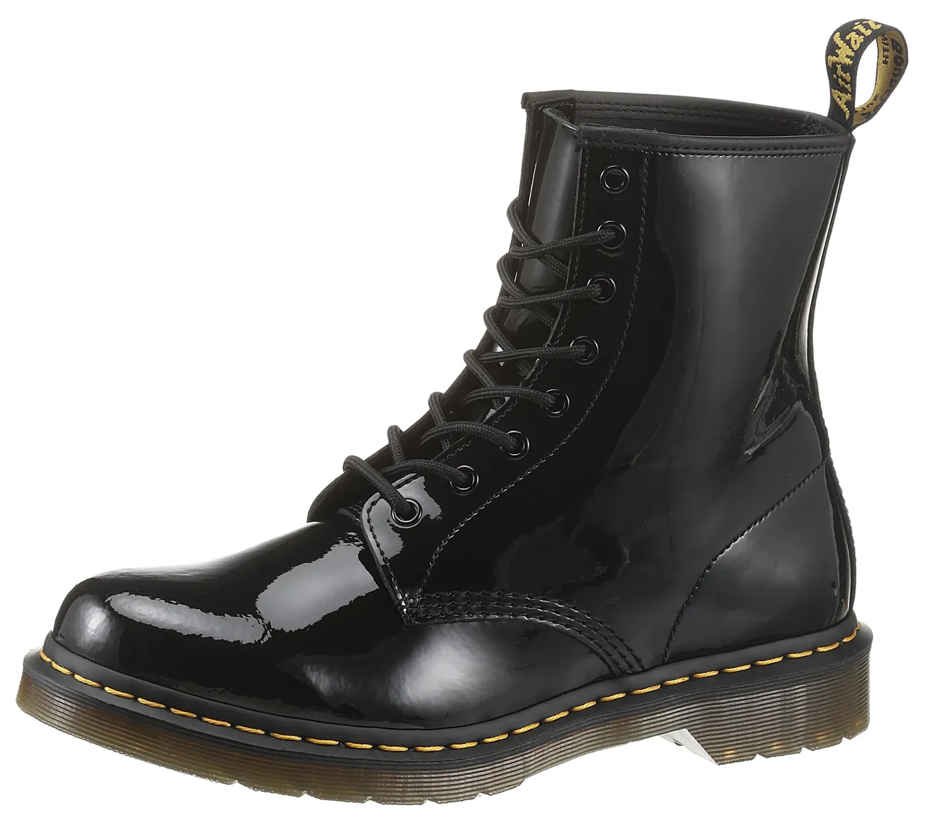 

Ботинки на шнуровке DR. MARTENS "1460 W Patent Lamper 8 Eye Boot", блестящие, узкая форма, черный