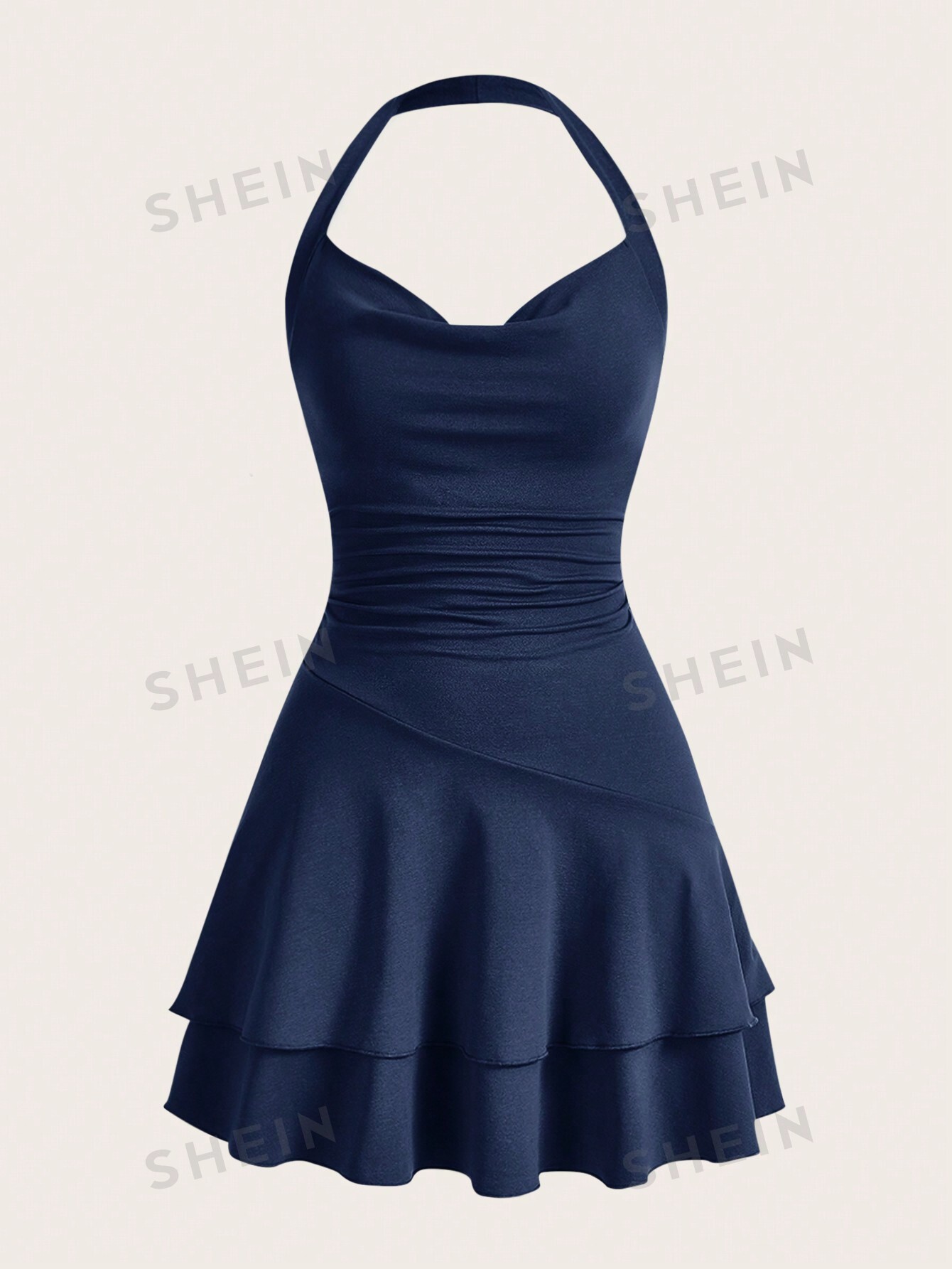 SHEIN MOD однотонное женское платье с бретелькой на шее и многослойным подолом, темно-синий цена и фото
